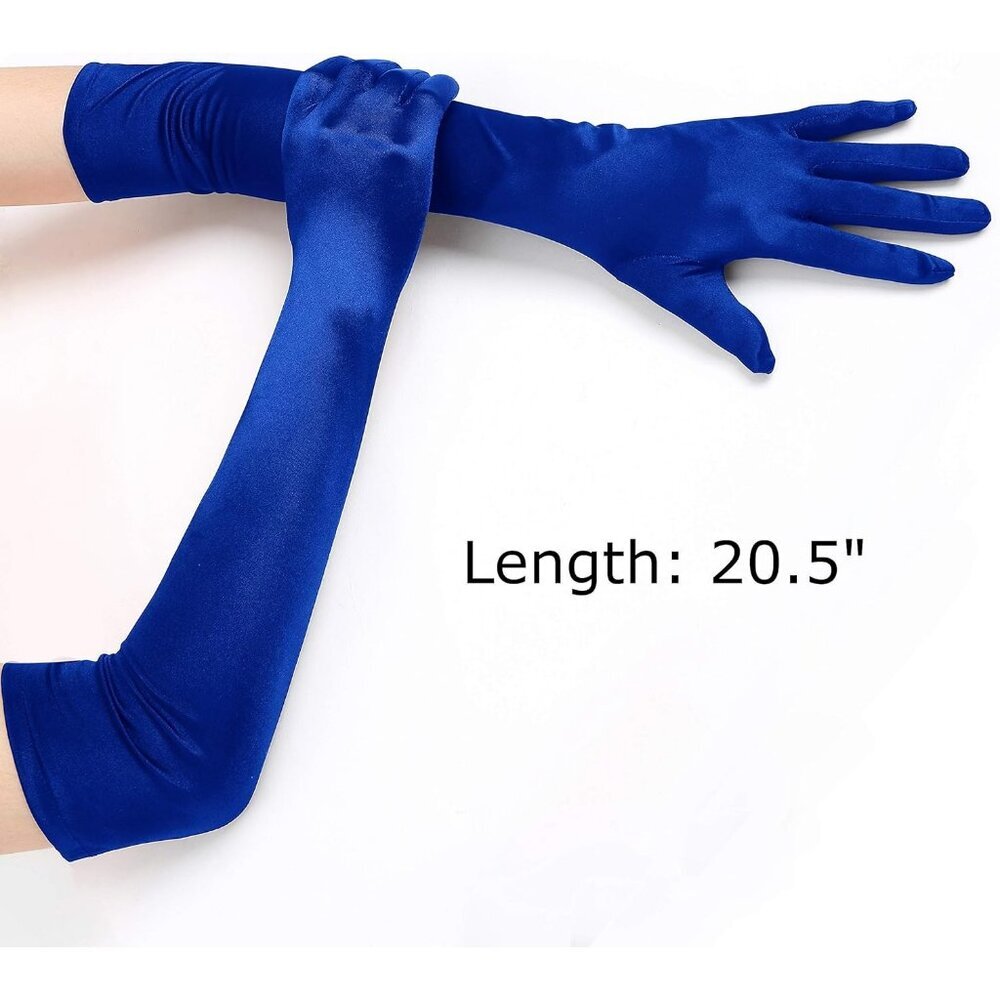 Women's Smooth Blue Long Satin Gloves Elbow Length Party Costume Accessory - Picture 3 of 5